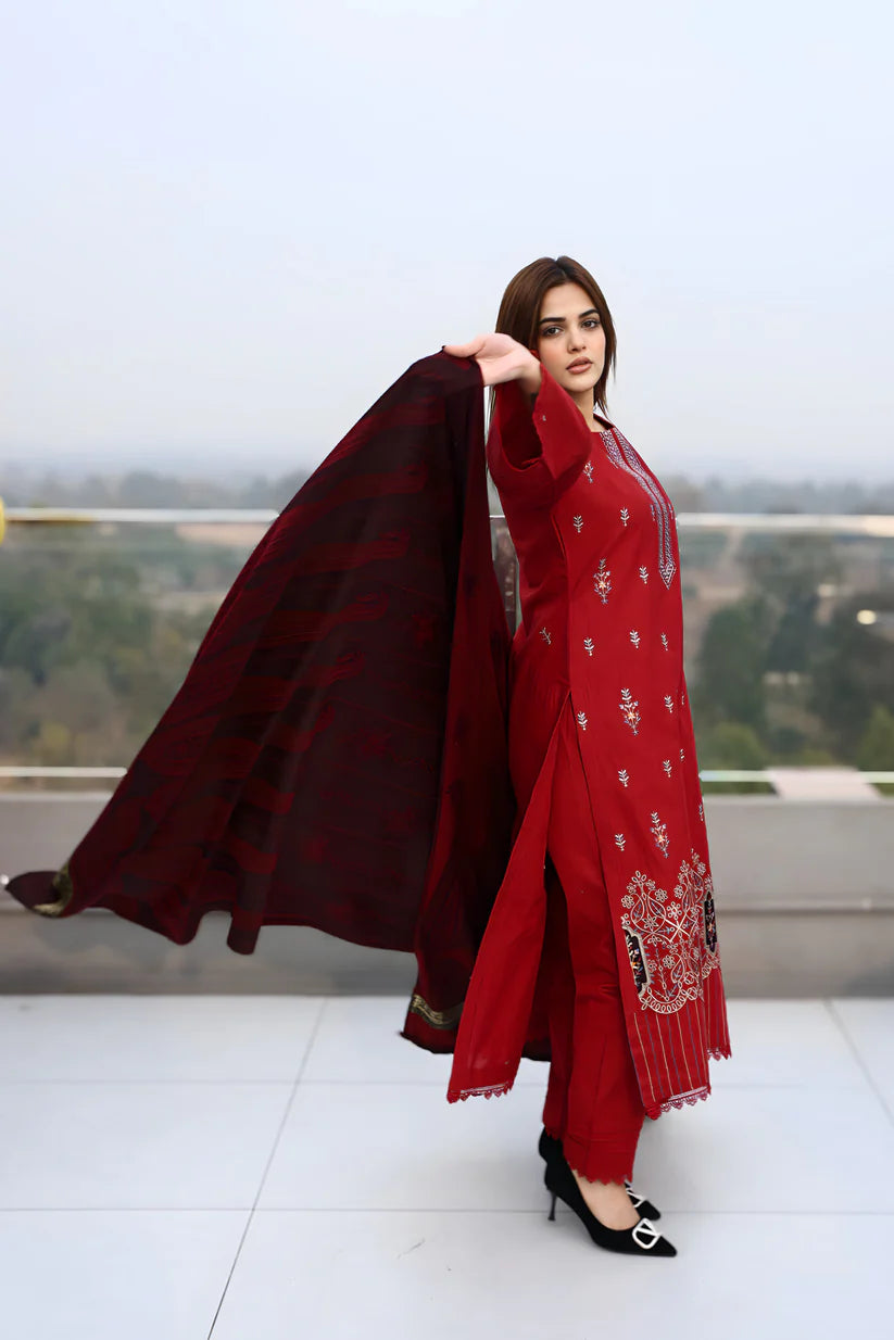 WINTER-3PC KHADDAR CUTWORK EMBROIDERED SHIRT WITH KASHMIRI JACQUARD WOOL SHAWL-1552