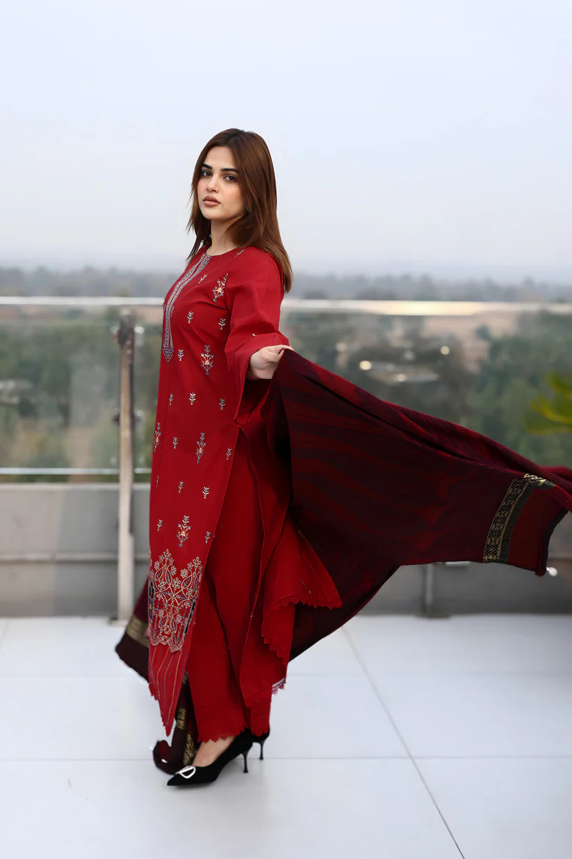 WINTER-3PC KHADDAR CUTWORK EMBROIDERED SHIRT WITH KASHMIRI JACQUARD WOOL SHAWL-1552