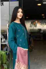 WINTER-3PC KHADDAR CUTWORK EMBROIDERED SHIRT WITH KASHMIRI JACQUARD WOOL SHAWL-1516