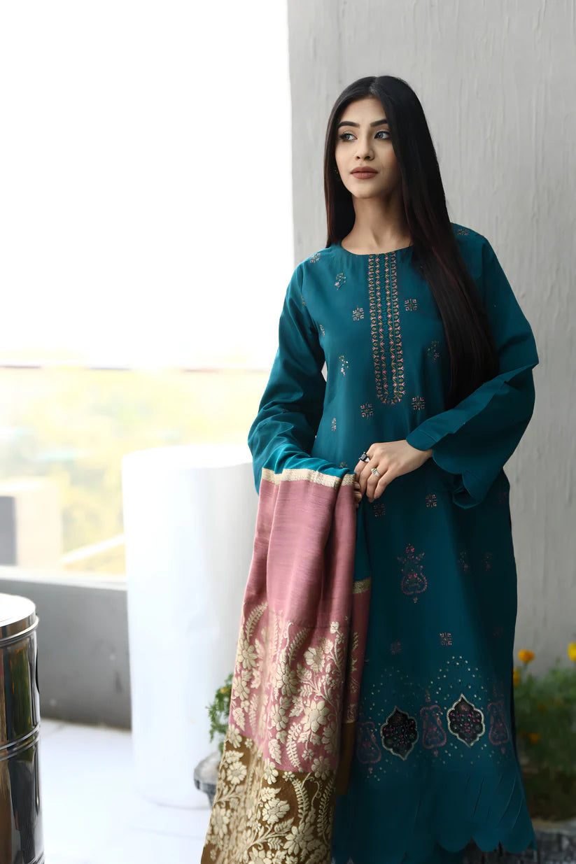 WINTER-3PC KHADDAR CUTWORK EMBROIDERED SHIRT WITH KASHMIRI JACQUARD WOOL SHAWL-1516
