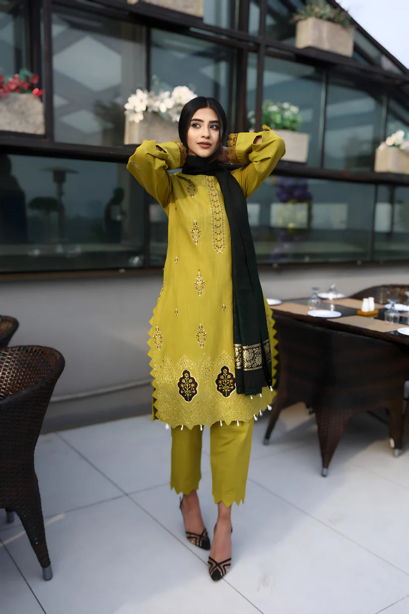 WINTER-3PC KHADDAR CUTWORK EMBROIDERED SHIRT WITH KASHMIRI JACQUARD WOOL SHAWL-1514
