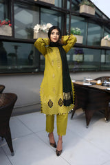 WINTER-3PC KHADDAR CUTWORK EMBROIDERED SHIRT WITH KASHMIRI JACQUARD WOOL SHAWL-1514