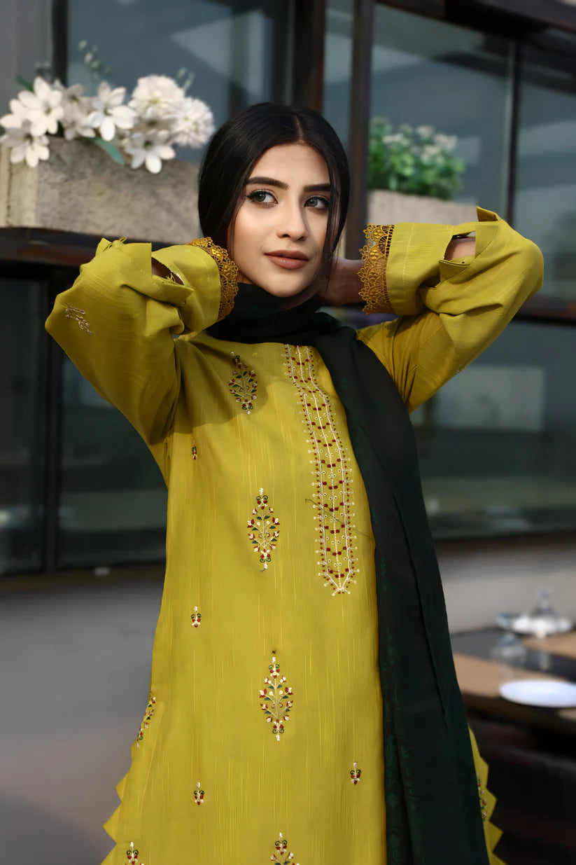 WINTER-3PC KHADDAR CUTWORK EMBROIDERED SHIRT WITH KASHMIRI JACQUARD WOOL SHAWL-1514