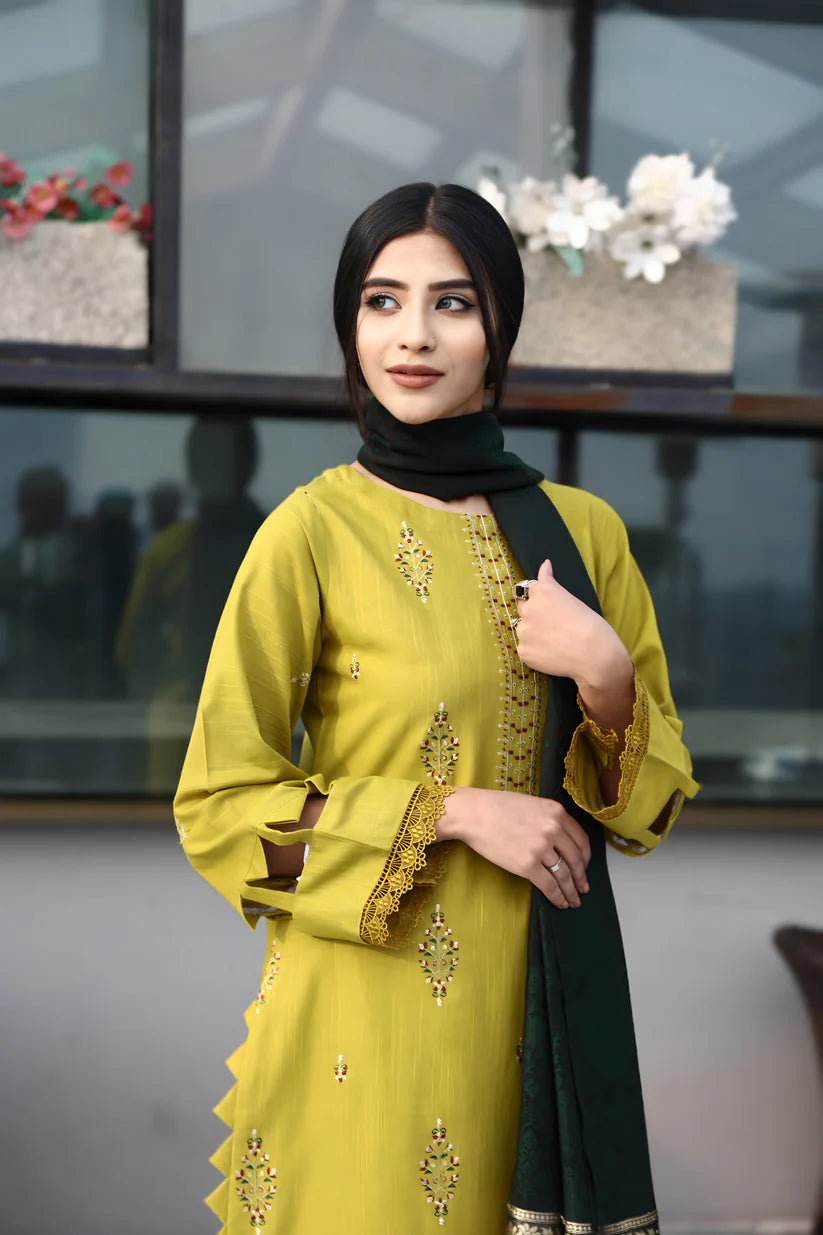 WINTER-3PC KHADDAR CUTWORK EMBROIDERED SHIRT WITH KASHMIRI JACQUARD WOOL SHAWL-1514