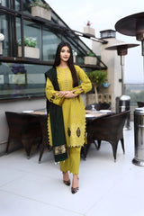 WINTER-3PC KHADDAR CUTWORK EMBROIDERED SHIRT WITH KASHMIRI JACQUARD WOOL SHAWL-1514