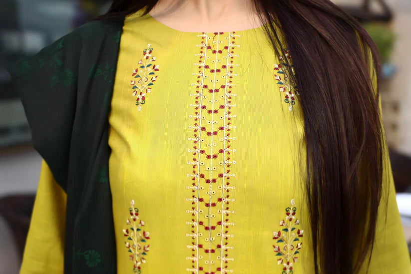 WINTER-3PC KHADDAR CUTWORK EMBROIDERED SHIRT WITH KASHMIRI JACQUARD WOOL SHAWL-1514