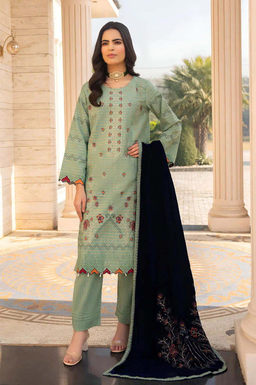 WINTER-3PC KHADDAR EMBROIDERED SHIRT WITH VELVET EMBROIDERED READY TO WEAR SHAWL-1525