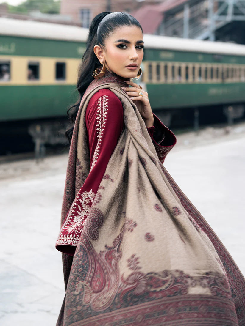 WINTER-3PC DHANAK EMBROIDERED SHIRT WITH COUTRAI PRINTED SHAWL AND TROUSER-4127