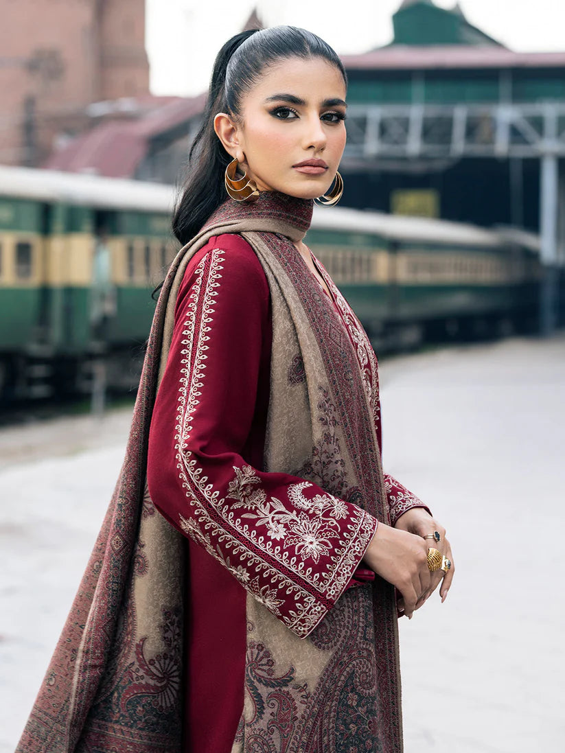 WINTER-3PC DHANAK EMBROIDERED SHIRT WITH COUTRAI PRINTED SHAWL AND TROUSER-4127