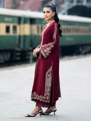 WINTER-3PC DHANAK EMBROIDERED SHIRT WITH COUTRAI PRINTED SHAWL AND TROUSER-4127