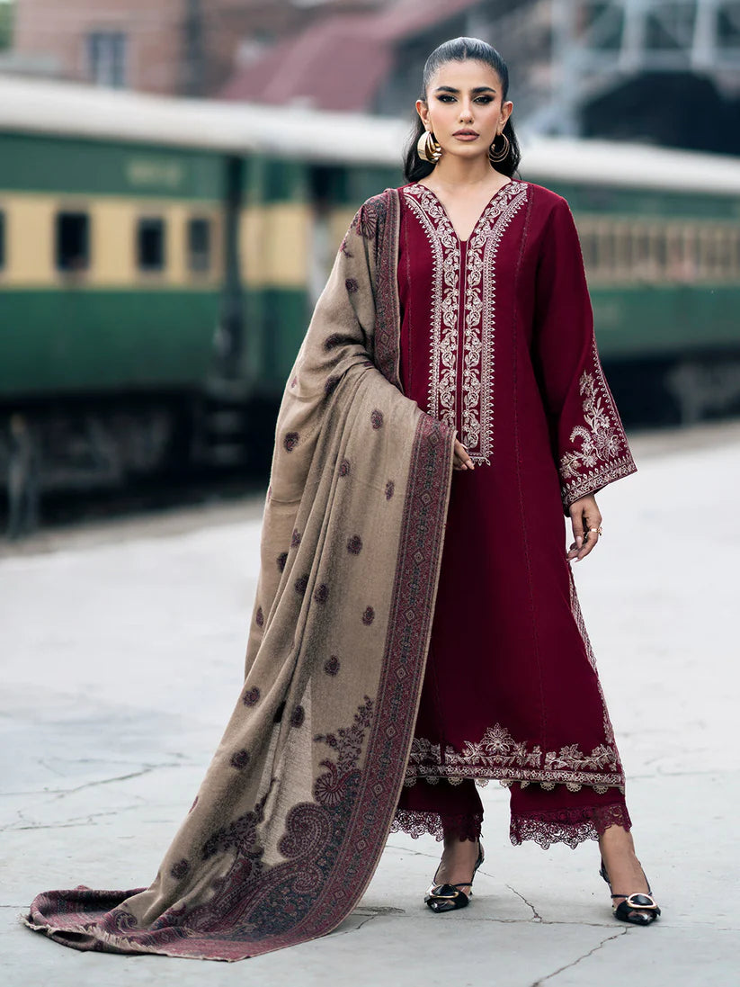WINTER-3PC DHANAK EMBROIDERED SHIRT WITH COUTRAI PRINTED SHAWL AND TROUSER-4127