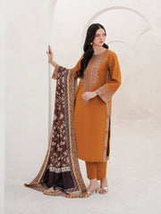 WINTER-3PC DHANAK EMBROIDERED SHIRT WITH COURTRAI PRINTED SHAWL AND TROUSER-4201