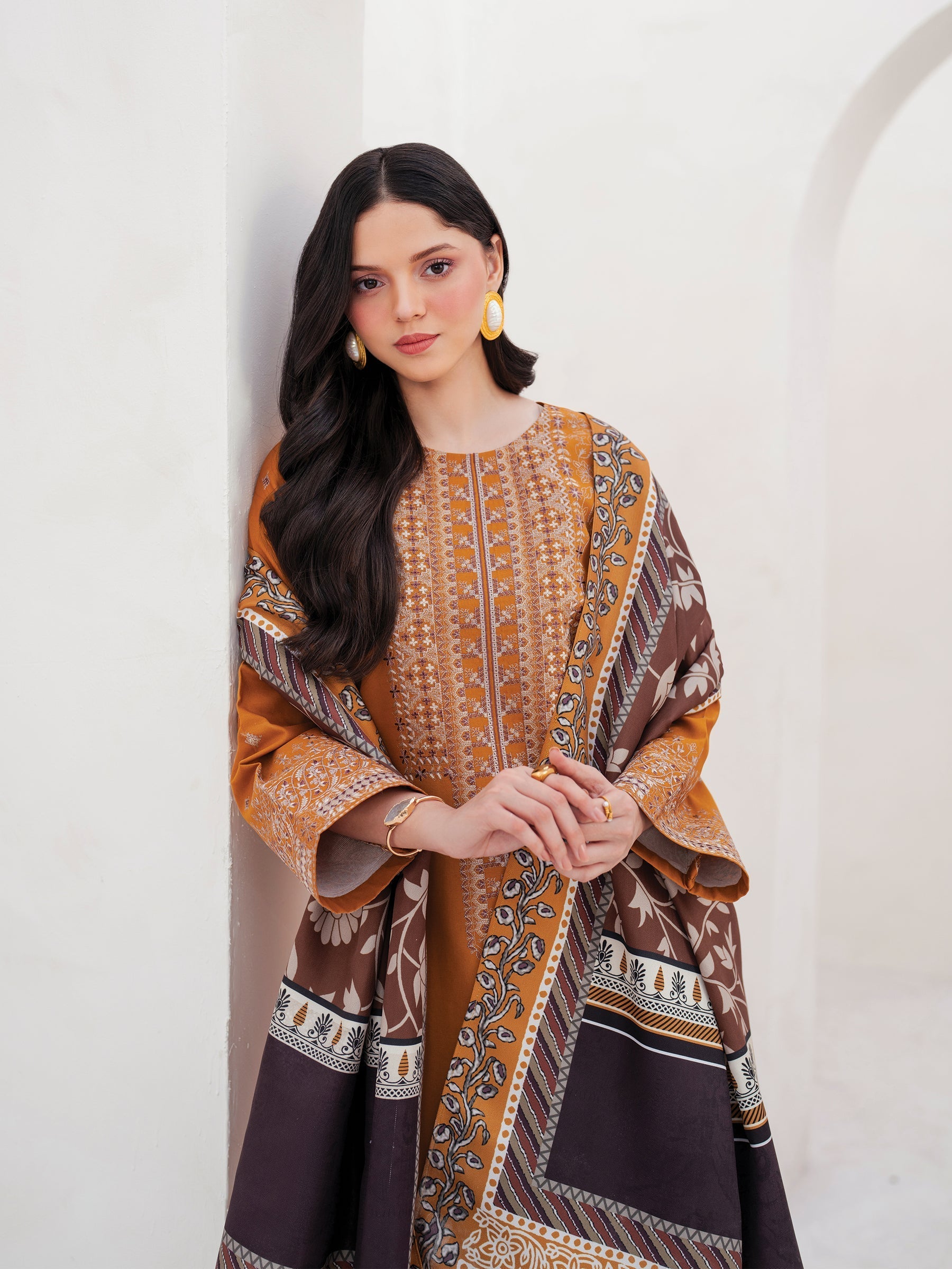 WINTER-3PC DHANAK EMBROIDERED SHIRT WITH COURTRAI PRINTED SHAWL AND TROUSER-4201