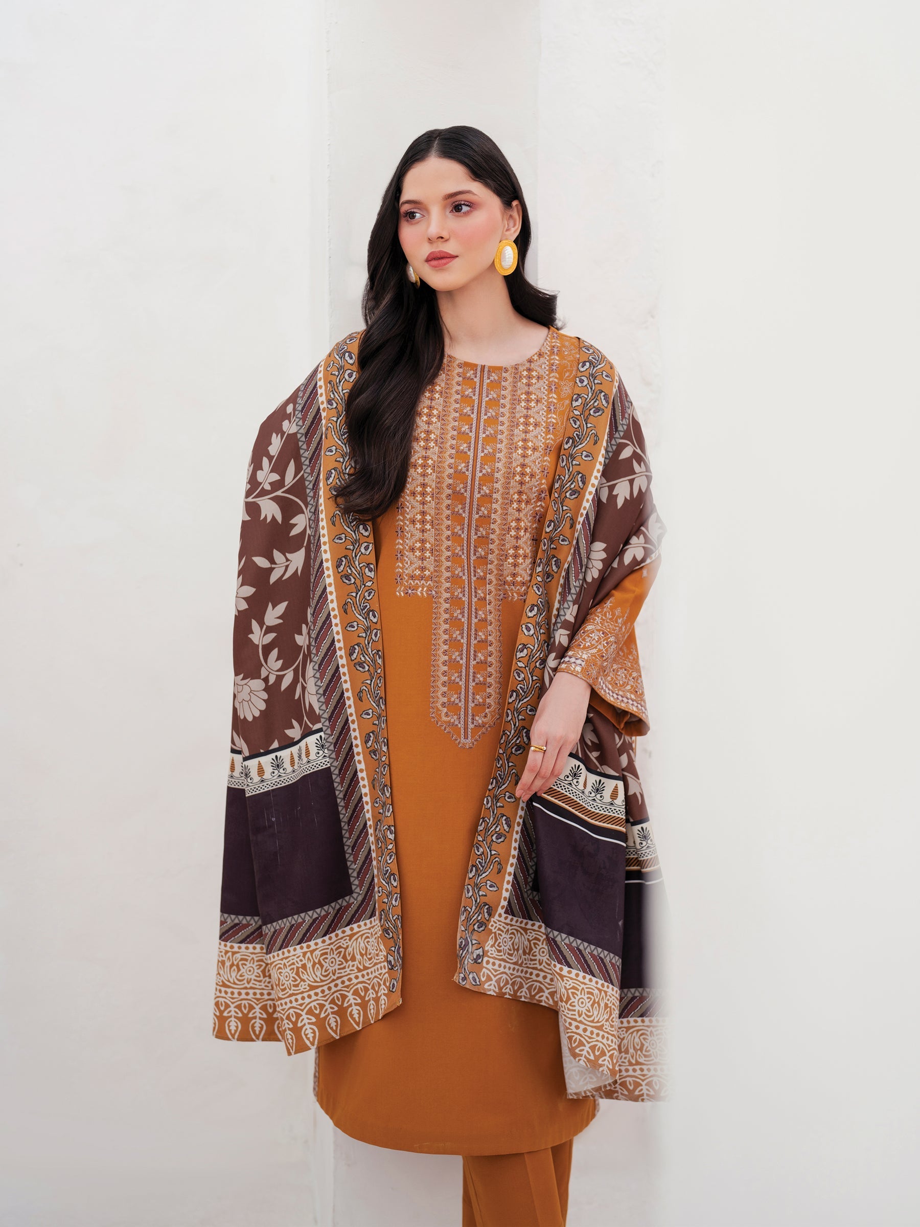 WINTER-3PC DHANAK EMBROIDERED SHIRT WITH COURTRAI PRINTED SHAWL AND TROUSER-4201