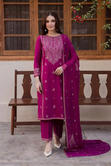 WINTER-3PC DHANAK EMBROIDERED SHIRT WITH CHIFFON EMBROIDERED DUPATTA AND EMB TROUSER-5116