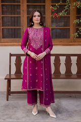 WINTER-3PC DHANAK EMBROIDERED SHIRT WITH CHIFFON EMBROIDERED DUPATTA AND EMB TROUSER-5116