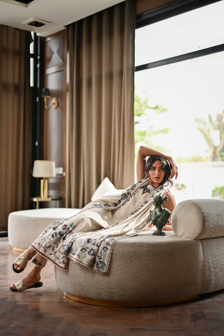 WINTER-3PC KARANDI EMBROIDERED SHIRT WITH KARANDI EMBROIDERED SHAWL AND TROUSER-4333