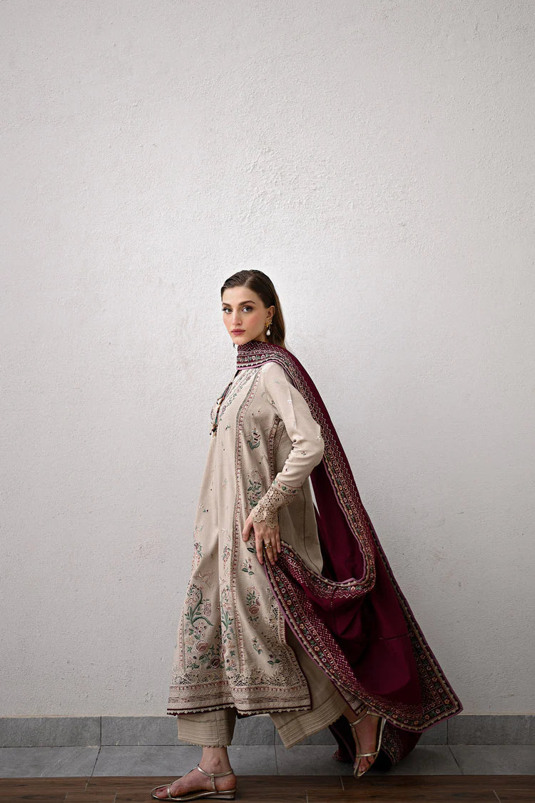 WINTER-3PC DHANAK EMBROIDERED SHIRT WITH DHANAK EMBROIDERED SHAWL AND TROUSER-