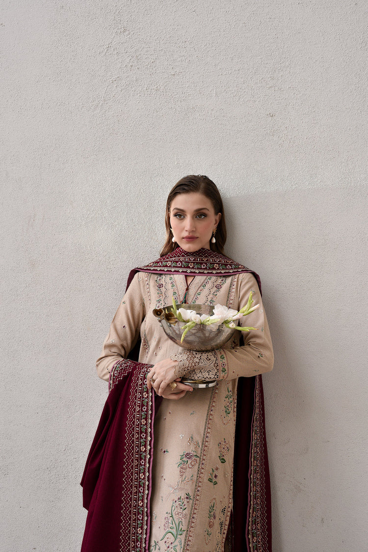 WINTER-3PC DHANAK EMBROIDERED SHIRT WITH DHANAK EMBROIDERED SHAWL AND TROUSER-