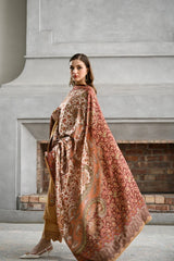 WINTER-3PC KARANDI EMBROIDERED SHIRT WITH COUTRAI PRINTED SHAWL AND EMB TROUSER-5284