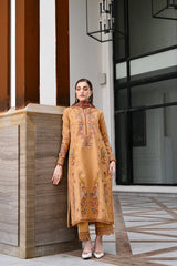 WINTER-3PC KARANDI EMBROIDERED SHIRT WITH COUTRAI PRINTED SHAWL AND EMB TROUSER-5284