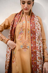 WINTER-3PC KARANDI EMBROIDERED SHIRT WITH COUTRAI PRINTED SHAWL AND EMB TROUSER-5284
