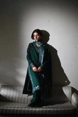 WINTER-3PC KARANDI EMBROIDERED SHIRT WITH CORTRAI WOOL PRINT SHAWL AND TROUSER-4397