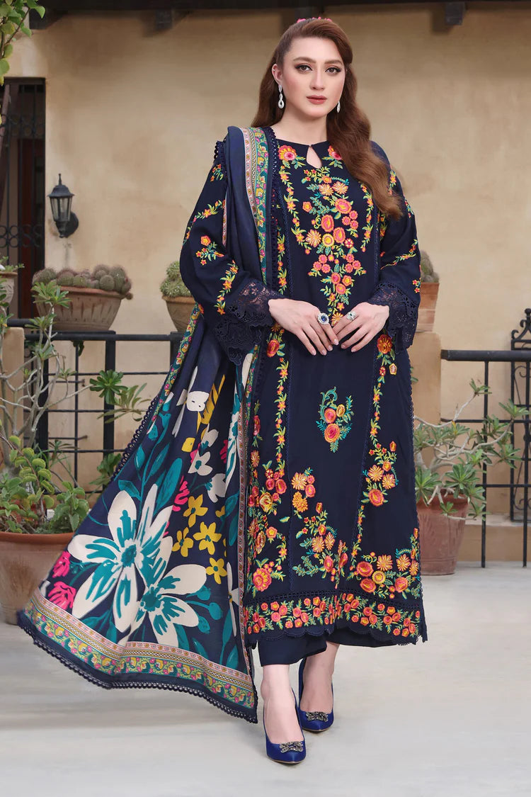 WINTER-3PC DHANAK EMBROIDERED SHIRT WITH COURTRAI PRINTED SHAWL & TROUSER-4316