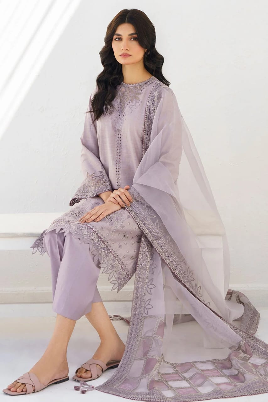 SUMMER- 3PC LAWN HEAVY EMBROIDERED SHIRT WITH ORGANZA EMBROIDERED READY TO WEAR DUPATTA-3643