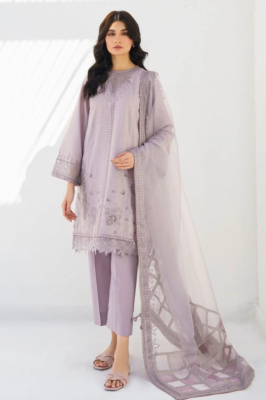 SUMMER- 3PC LAWN HEAVY EMBROIDERED SHIRT WITH ORGANZA EMBROIDERED READY TO WEAR DUPATTA-3643