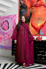 WINTER-3PC KARANDI EMBROIDERED SHIRT WITH KARANDI EMBROIDERED SHAWL AND TROUSER -5295
