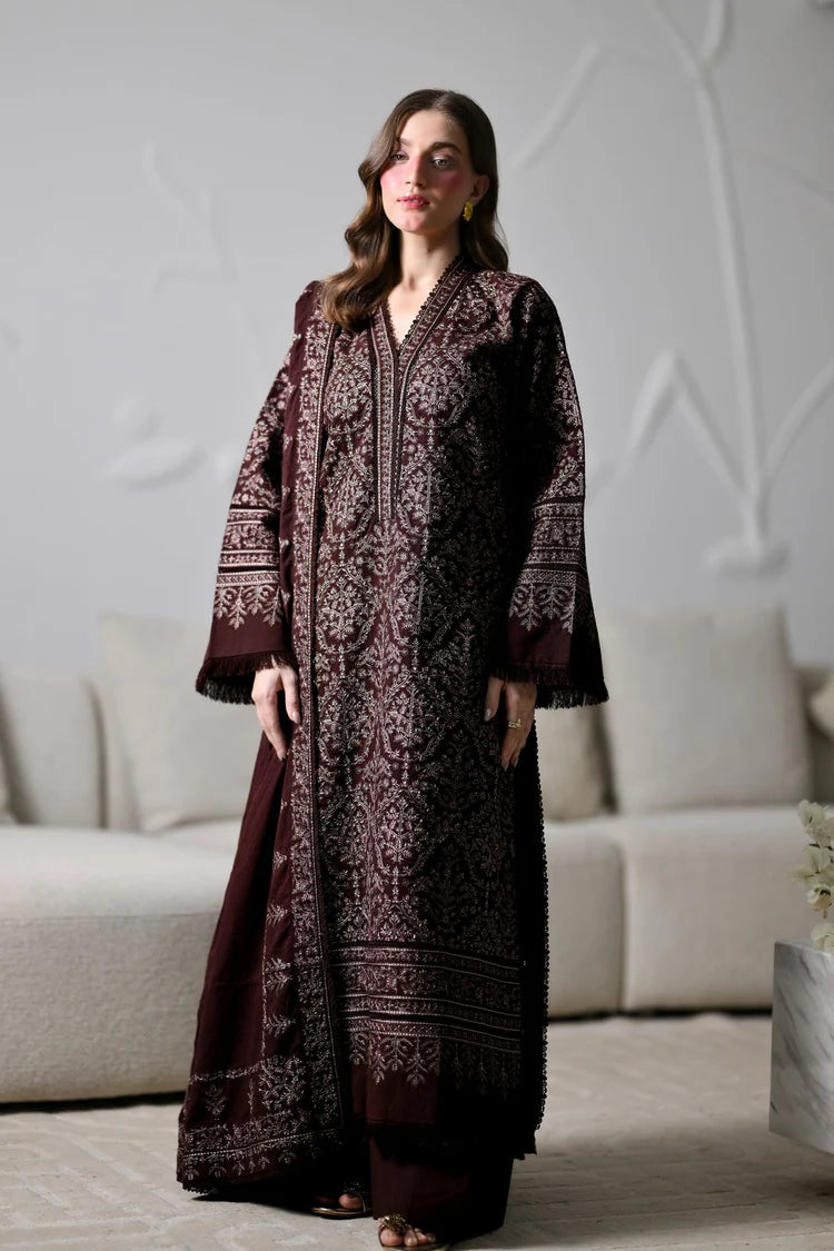 WINTER-3PC KARANDI EMBROIDERED SHIRT WITH KARANDI EMBROIDERED SHAWL AND TROUSER-5294