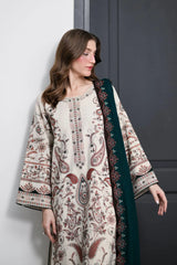 WINTER-3PC KARANDI EMBROIDERED SHIRT WITH KARANDI EMBROIDERED SHAWL AND TROUSER-5302
