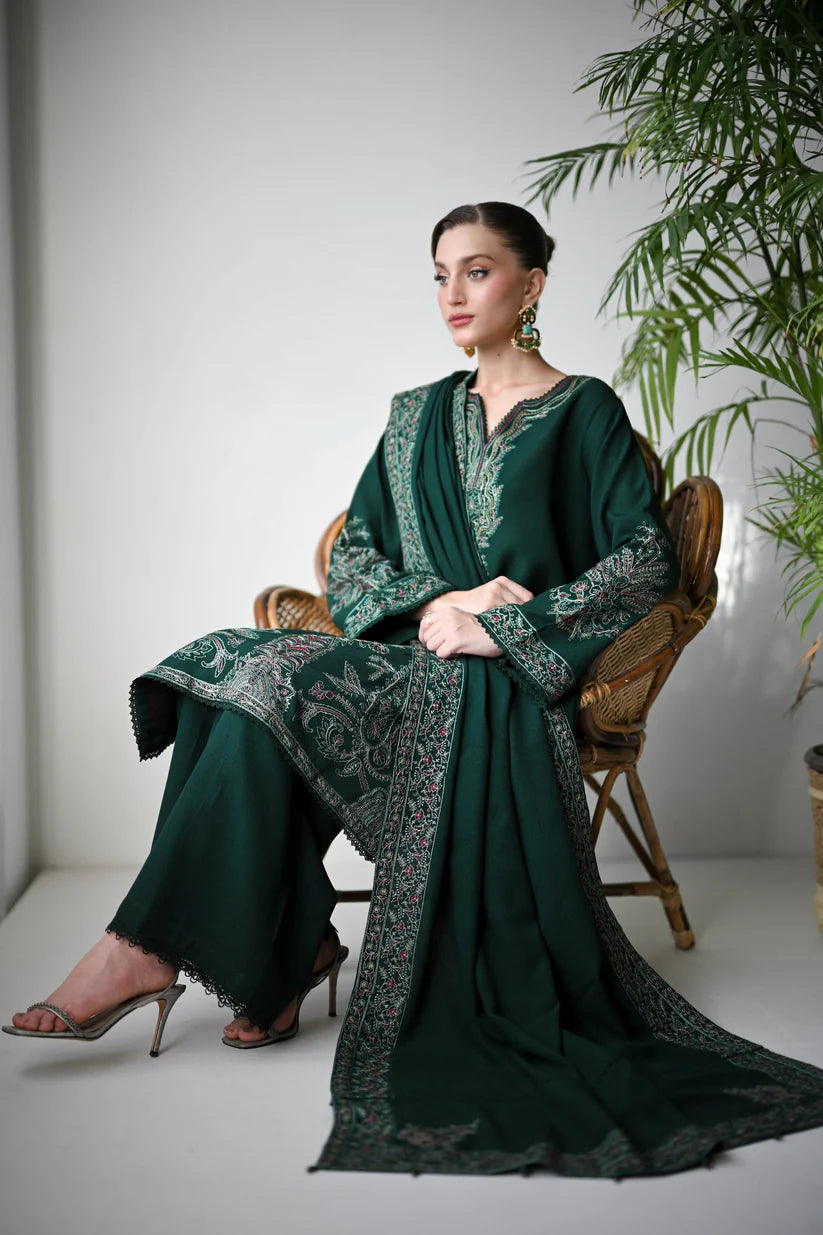 WINTER-3PC DHANAK EMBROIDERED SHIRT WITH DHANAK EMBROIDERED SHAWL & TROUSER-4190