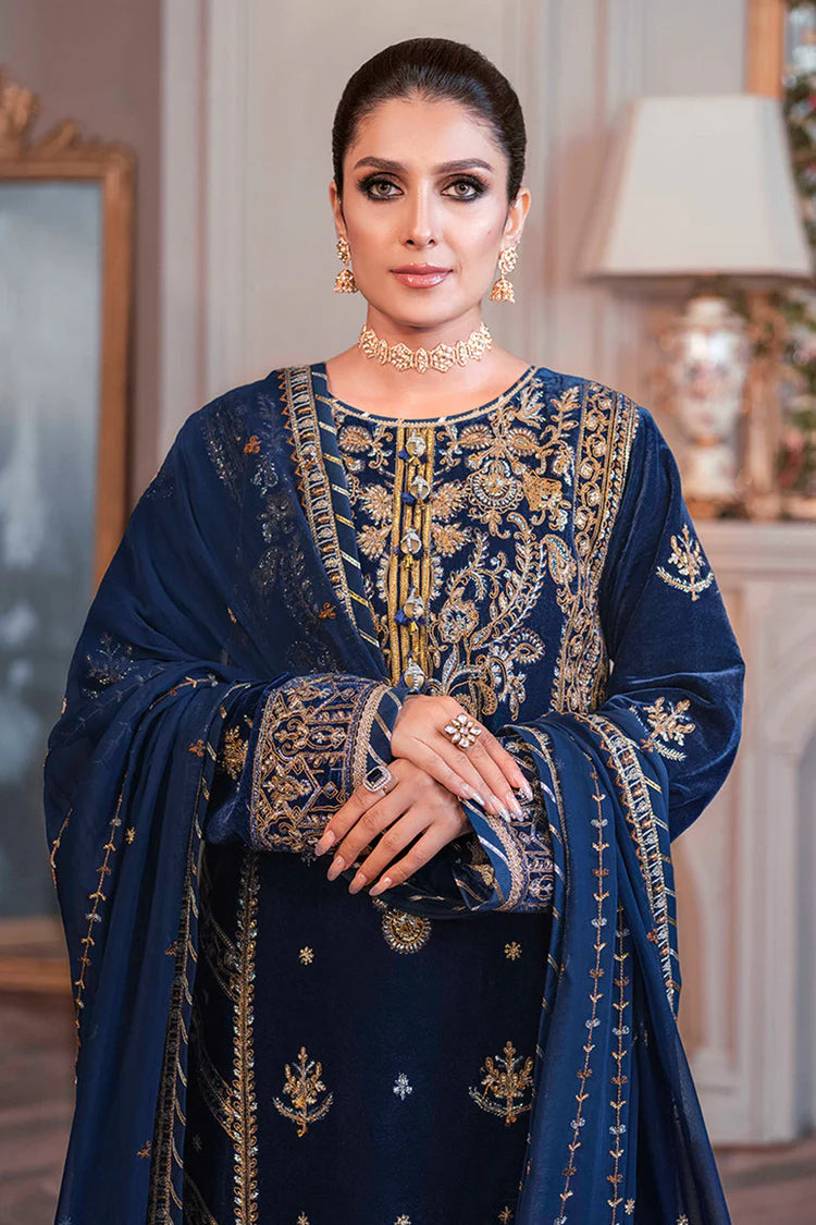 WINTER-3PC VELVET EMBROIDERED SHIRT WITH CHIFFON EMBROIDERED DUPATTA & TROUSER-4311