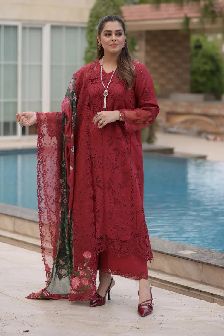 SUMMER-3PC LAWN CHIKAN EMBROIDERED SHIRT WITH CHIFFON PRINTED EMB DUPATTA AND TROUSER-4875