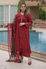 SUMMER-3PC LAWN CHIKAN EMBROIDERED SHIRT WITH CHIFFON PRINTED EMB DUPATTA AND TROUSER-4875