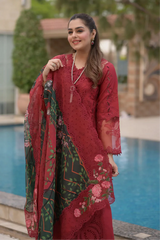 SUMMER-3PC LAWN CHIKAN EMBROIDERED SHIRT WITH CHIFFON PRINTED EMB DUPATTA AND TROUSER-4875