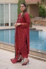 SUMMER-3PC LAWN CHIKAN EMBROIDERED SHIRT WITH CHIFFON PRINTED EMB DUPATTA AND TROUSER-4875