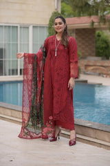 SUMMER-3PC LAWN CHIKAN EMBROIDERED SHIRT WITH CHIFFON PRINTED EMB DUPATTA AND TROUSER-4875