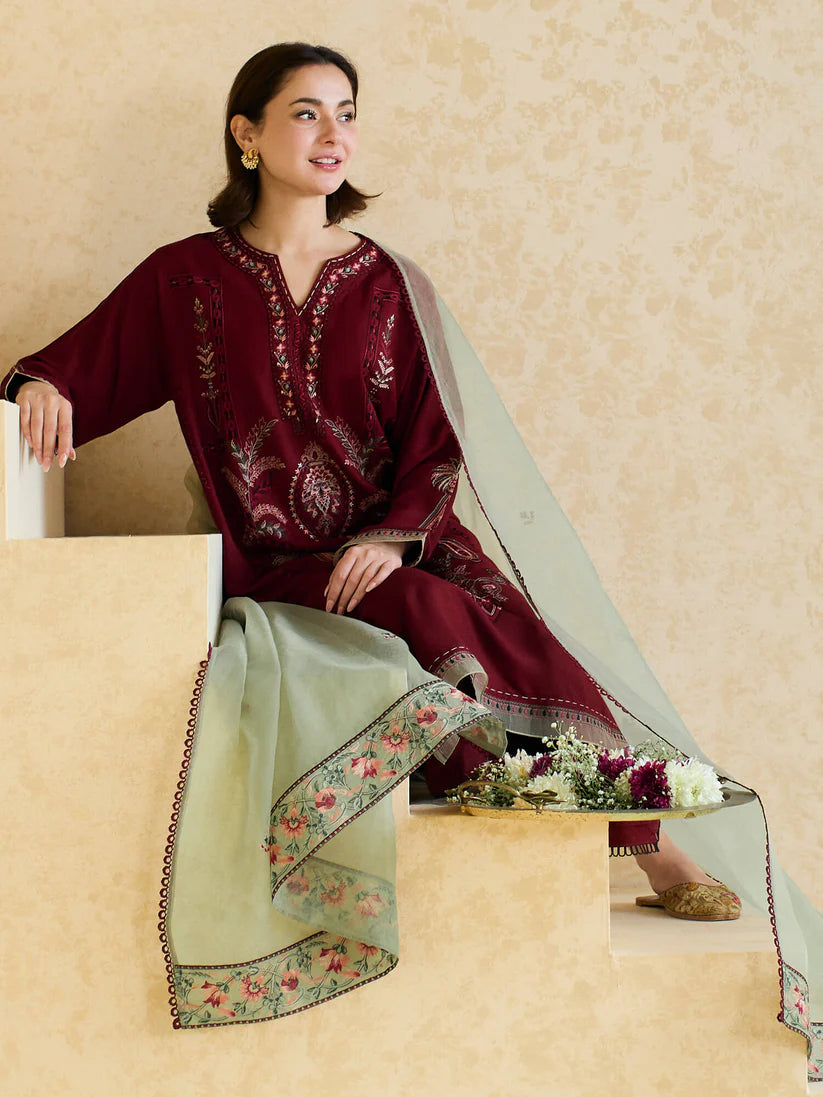 SUMMER- 3PC LAWN EMBROIDERED SHIRT WITH ORGANZA EMBROIDERED DUPATTA AND TROUSER -3827