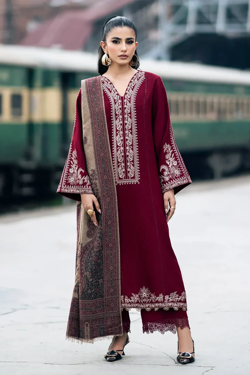 WINTER-3PC DHANAK EMBROIDERED SHIRT WITH COUTRAI PRINTED SHAWL AND TROUSER-4127