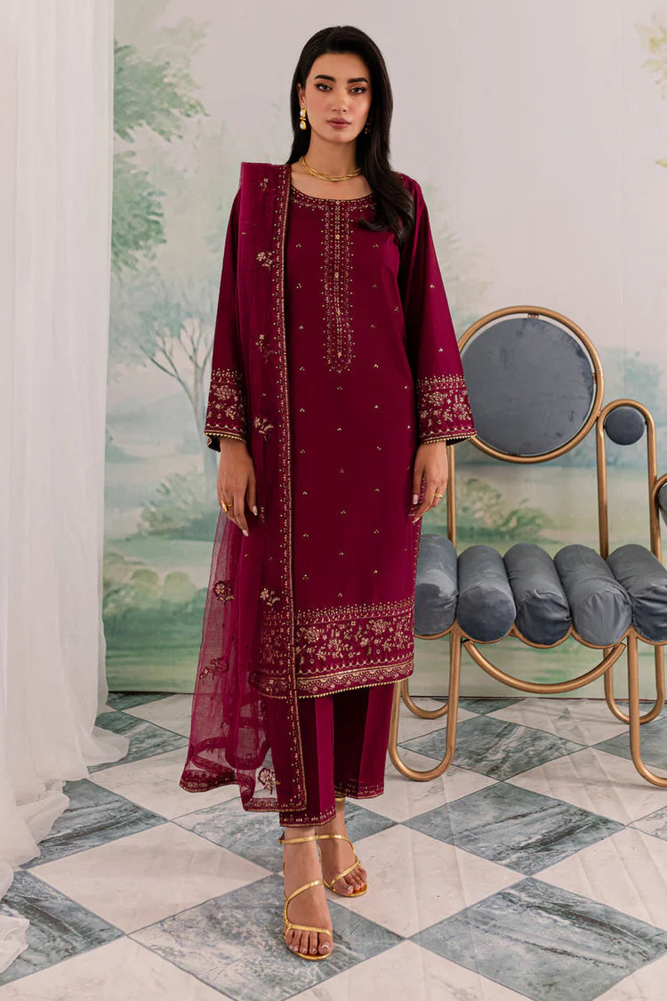 WINTER-3PC DHANAK EMBROIDERED SHIRT WITH CHIFFON EMBROIDERED DUPATTA AND TROUSER-4198