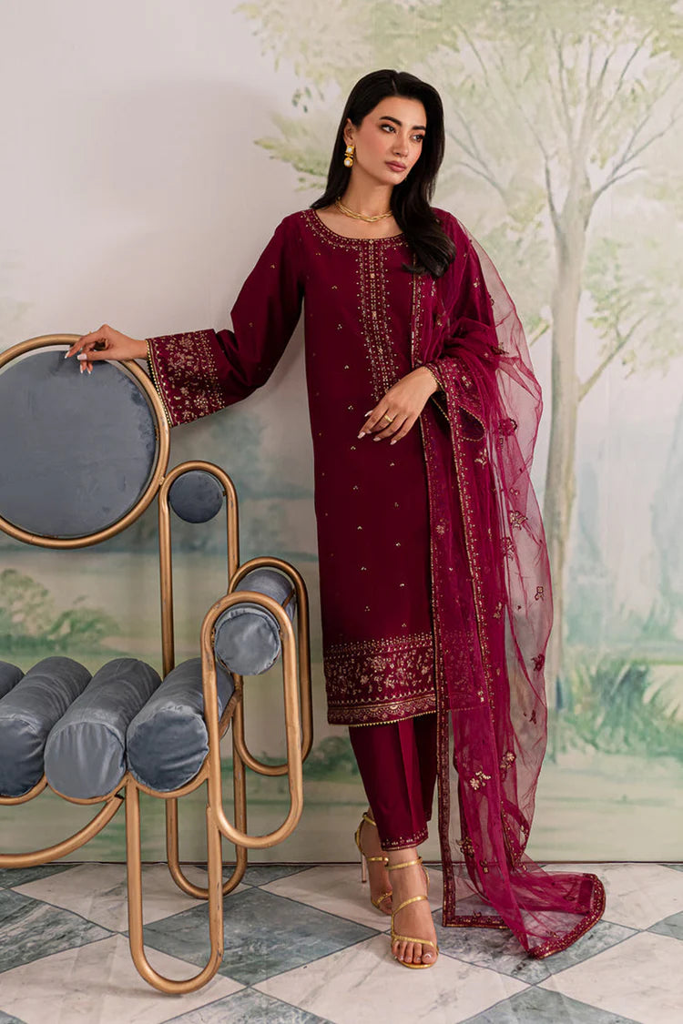 WINTER-3PC DHANAK EMBROIDERED SHIRT WITH CHIFFON EMBROIDERED DUPATTA AND TROUSER-4198