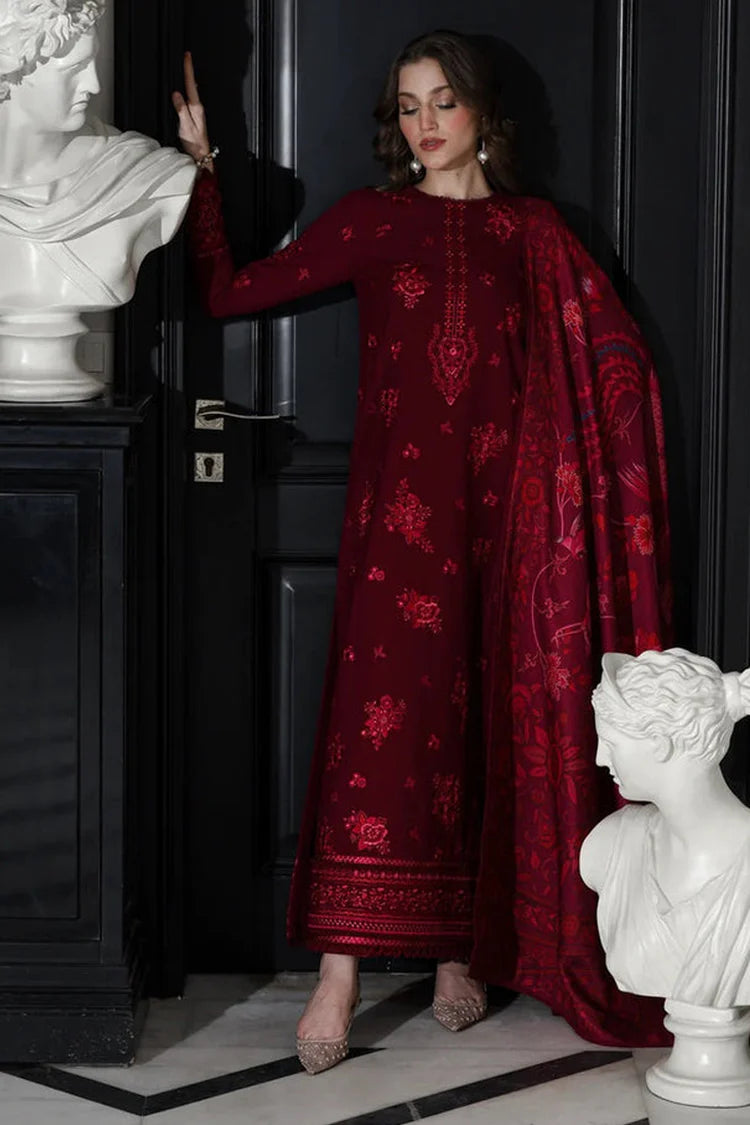 WINTER-3PC DHANAK EMBROIDERED SHIRT WITH COURTRAI PRINTED SHAWL & TROUSER-4334