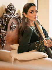 WINTER-3PC DHANAK EMBROIDERED SHIRT WITH COURTRAI WOOL PRINT SHAWL AND TROUSER-4394