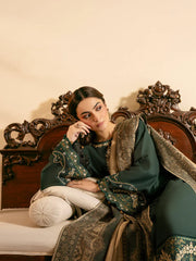 WINTER-3PC DHANAK EMBROIDERED SHIRT WITH COURTRAI WOOL PRINT SHAWL AND TROUSER-4394