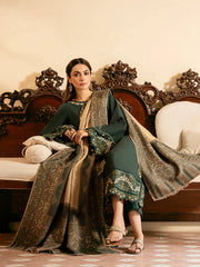 WINTER-3PC DHANAK EMBROIDERED SHIRT WITH COURTRAI WOOL PRINT SHAWL AND TROUSER-4394