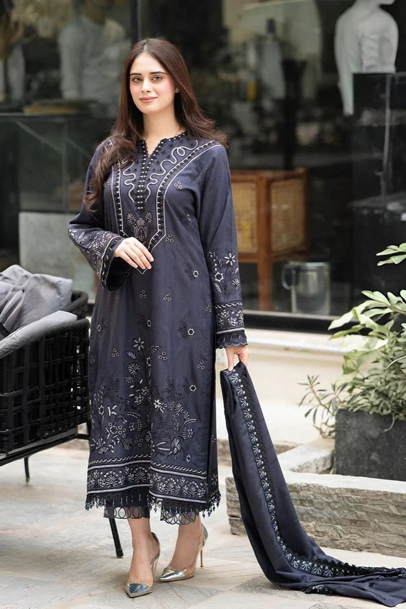 WINTER-3PC DHANAK EMBROIDERED SHIRT WITH DHANAK EMBROIDERED SHAWL & TROUSER-ADR-4224
