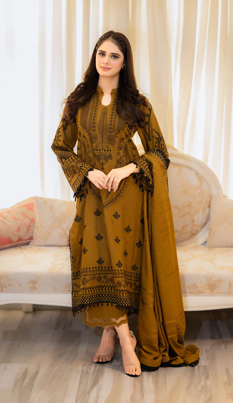WINTER-3PC DHANAK EMBROIDERED SHIRT WITH DHANAK EMBROIDERED SHAWL & TROUSER-4183